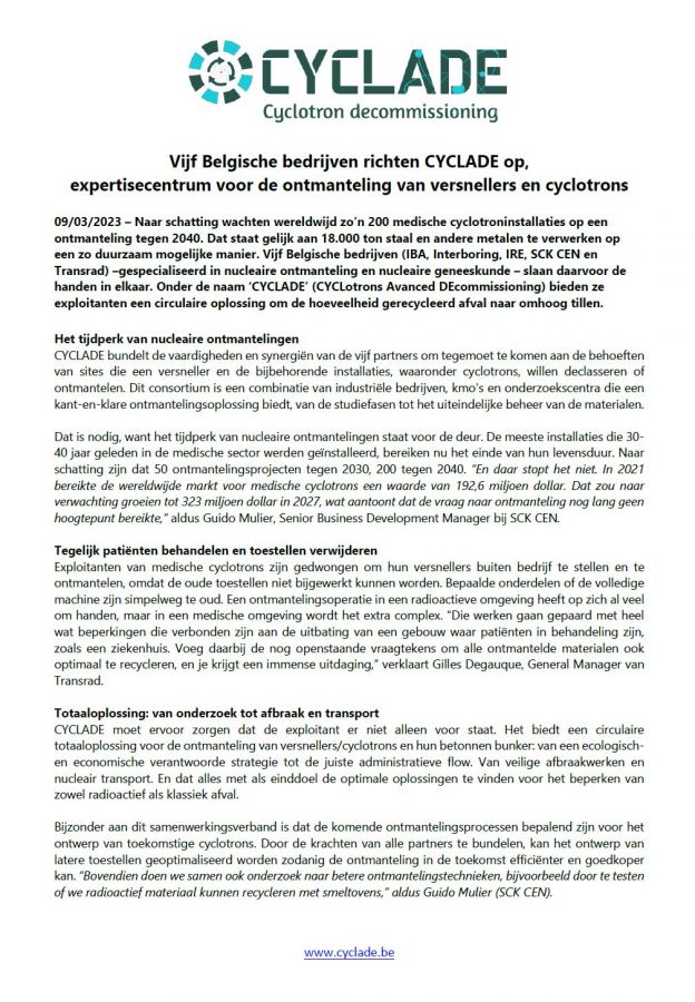 Vijf Belgische bedrijven richten CYCLADE op, expertisecentrum voor de ontmanteling van versnellers en cyclotrons