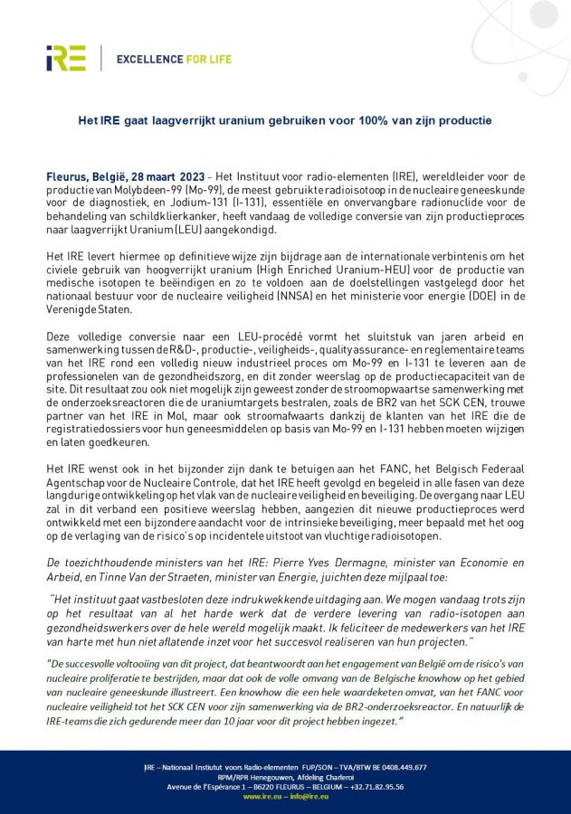  Het IRE gaat laagverrijkt uranium gebruiken voor 100% van zijn productie