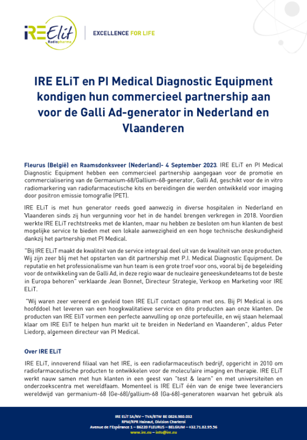  IRE ELiT en PI Medical Diagnostic Equipment kondigen hun commercieel partnership aan voor de Galli Ad-generator in Nederland en Vlaanderen