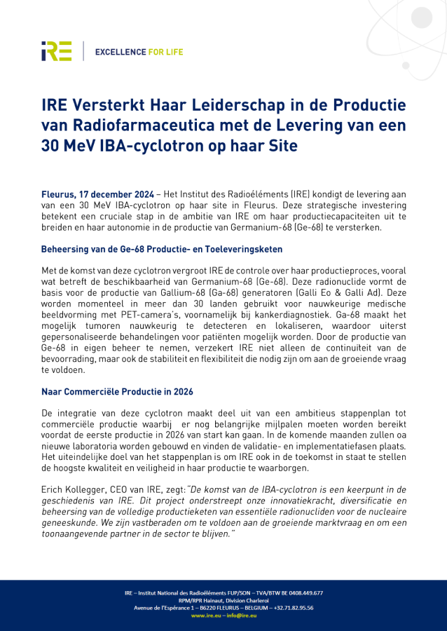 IRE versterkt haar leiderschap in de productie van radiofarmaceutica met de levering van een 30 MeV IBA-cyclotron op haar site
